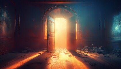 sunlit doorway in abandoned room hope escape mystery