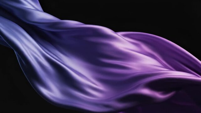 Vibrant purple fabric waving in the wind on a black background with smooth folds and creases