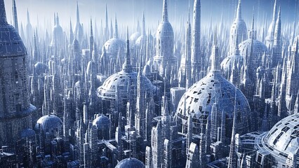 Futuristic Cityscape with Tall Spires and Dome Structures