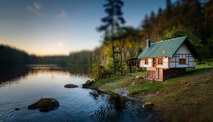 Fototapeta premium miniature cottage tranquil lake forest evening idyllic scene real estate