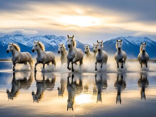 Wild white horses galloping through shallow water at golden hour