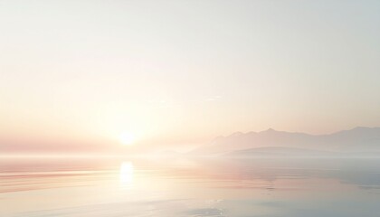 Soft pastel sunrise over calm water with distant mountains and smooth gradient sky. Minimal, serene nature background ideal for wellness, meditation, travel, and clean design layouts. © ArD19