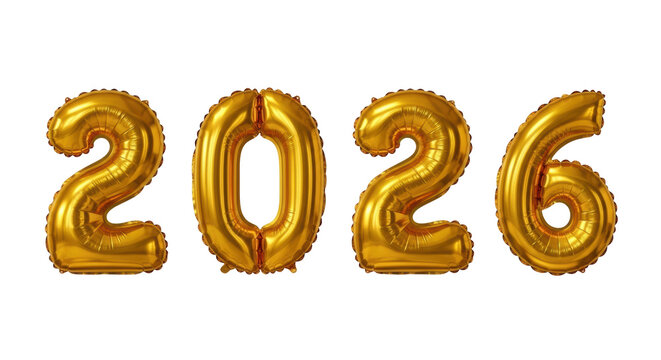 Shiny golden metallic foil balloon numerals "2026" precisely arranged in a horizontal line, reflecting soft studio light on a clean gray background. Concept of new year anticipation and success