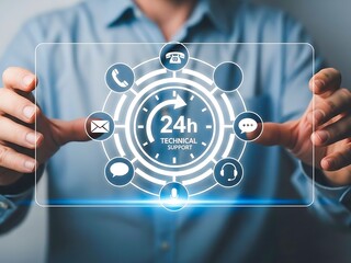 Man interacting with a futuristic digital interface displaying support icons