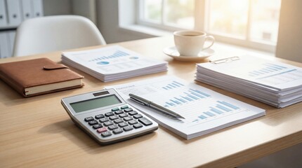 A cluttered office desk with financial documents and a calculator in morning light