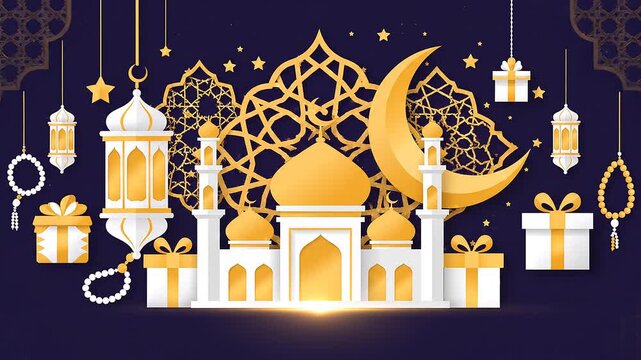 Golden Islamic Icons for "Bulan Suci" Ramadan Night Background
