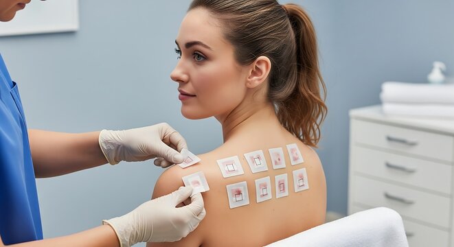 Medical professional applying allergy patch tests to a woman's upper back in a clinical setting.