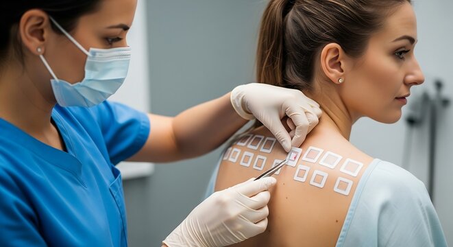 Medical professional performing an allergy patch test on a female patient's back in a clinical setting.