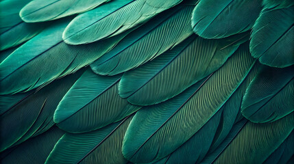 Obraz premium Close-up of vibrant green bird feathers with detailed texture, natural pattern background, exotic wildlife plumage, abstract nature design, tropical inspiration, eco-themed visuals
