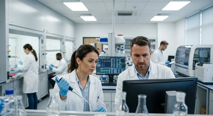 Scientists working together in modern laboratory setting