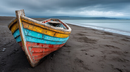 Obraz premium Colorful Fishing Boat on Black Volcanic Sand Beach in Remote Location, Paint Peeling Under Moody Overcast Sky, Raw Dramatic Landscape.