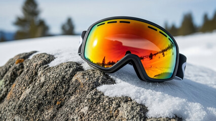 Vibrant ski goggles on rock with snowy mountain background and clear winter sky. Ski goggles feature orange mirrored lenses reflecting landscape.