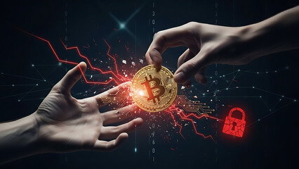 Hands exchanging a glowing Bitcoin with electric sparks.