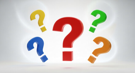 Five question mark in red, yellow, blue, green, and orange on a white background, representing inquiry, uncertainty, and problem-solving in various fields