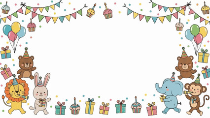 Obraz premium Cute cartoon animals celebrating a birthday party with balloons and gifts.