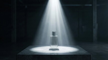 Perfume bottle under dramatic spotlight in dark minimalistic setting,ideal for high-end fragrance advertisements,product presentations or luxury brand promotions