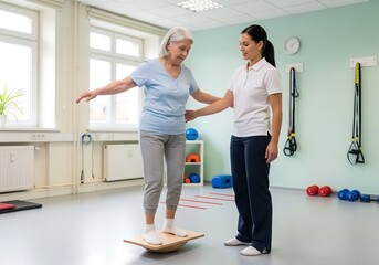 Fototapeta premium An elderly woman practices her balance on a wooden wobble board with the assistance of a physical therapist in a bright rehabilitation room.