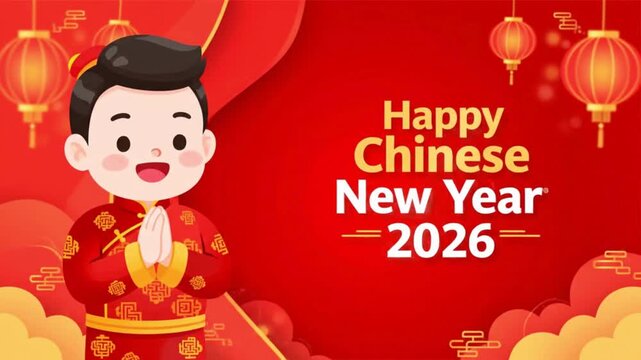 Festive greeting for Lunar New Year by a boy in traditional attire, adorned with vibrant red lanterns and auspicious decorative clouds