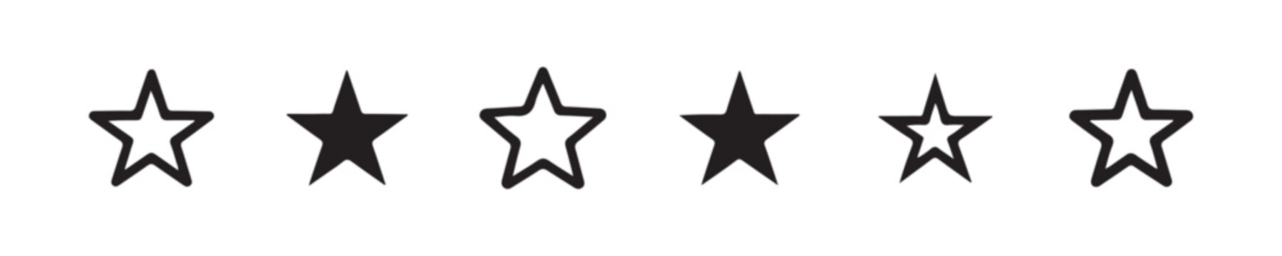 Six basic star icons representing different styles of filled and outline five pointed shapes for graphics