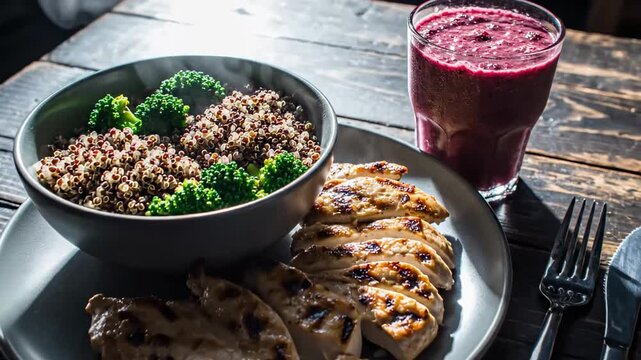Delicious Meal Featuring Grilled Chicken, Quinoa with Broccoli, and a Berry Smoothie