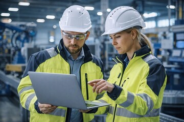 Engineers reviewing data on laptop in industrial setting