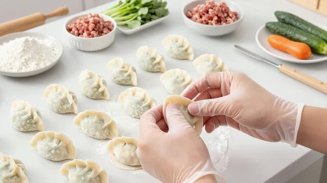 Chef making handmade traditional Chinese dumplings in kitchen