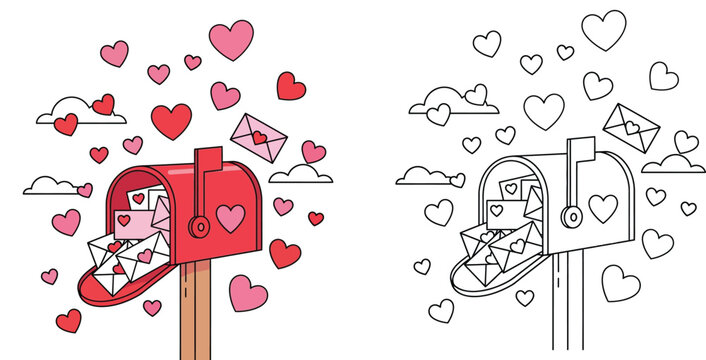 Cartoon mailbox overflowing with love letters and flying hearts coloring page outline vector illustration