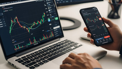 Person analyzing financial data on laptop and smartphone.