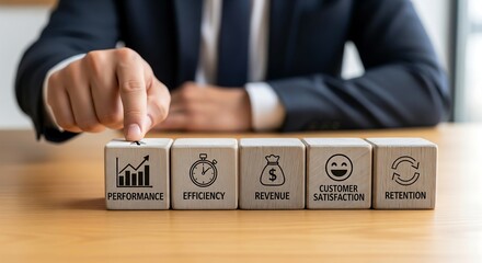 Businessman's hand interacting with wooden blocks representing key business performance metrics: performance, efficiency, revenue, customer satisfaction, and retention.
