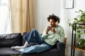 Relaxing at home, a young man enjoys a warm drink while soaking in cozy vibes