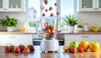 A blender on a kitchen counter with fresh fruits like strawberries, grapes, apples, oranges, and lemons, some falling into the blender.