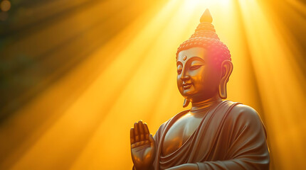 Buddha Statue in Golden Light Rays
