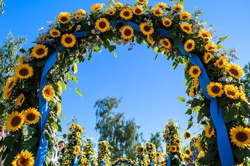 A sunny circular wedding arch filled with cheerful yellow sunflowers and blue ribbons, reflecting joy and happiness,