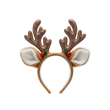 Close-up, high-key product shot of a luxurious reindeer antler headband with sparkling brown antlers and cream faux fur ears, displayed on a minimalist white platform. Concept for christmas accessory