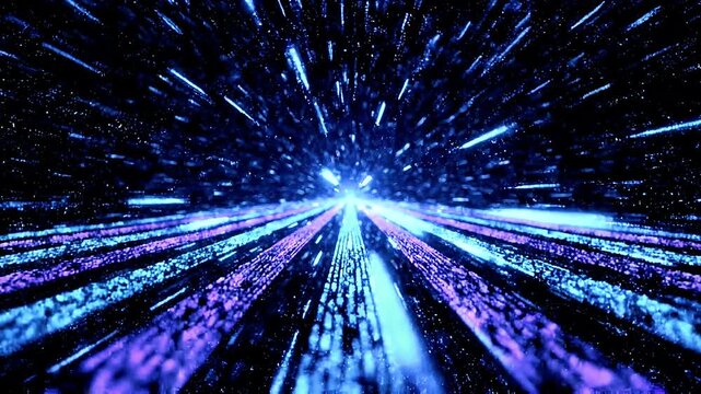 Futuristic hyperdrive warp speed effect, cosmic light speed travel in deep space, abstract blue and purple data stream background