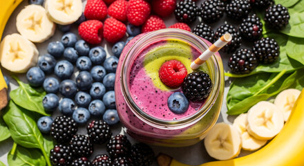 Healthy Smoothie Delight: Fresh Berries and Banana with a Vibrant Smoothie in a Jar - Perfect for Nutrition