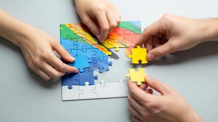 Hands assembling colorful jigsaw puzzle pieces together on grey background