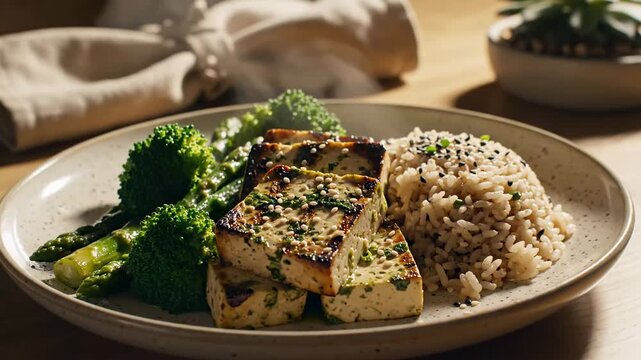 Delicious Tofu With Rice And Green Vegetables Served On A Plate In Restaurant Setting