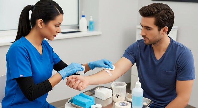 A nurse in blue scrubs and gloves cleans a man's arm with an alcohol wipe before drawing blood.