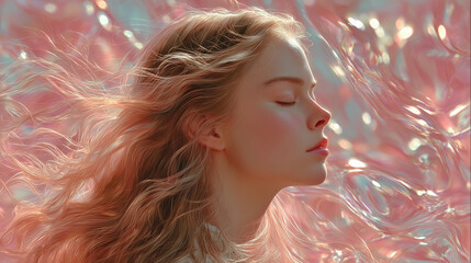 Delicate portrait of a woman with closed eyes and flowing hair on a pearlescent abstract light background
