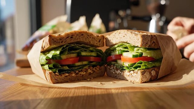 Delicious Vegetarian Sandwich With Fresh Vegetables On Rustic Wooden Table In Sunny Cafe