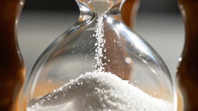 Close-up of hourglass with sand falling, symbolizing time passing and deadlines