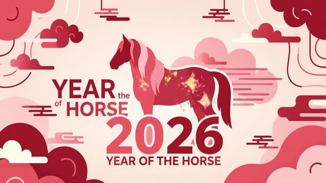 Year of the Horse 2026 festive illustration with majestic equine figure, traditional patterns, and auspicious cloud motifs