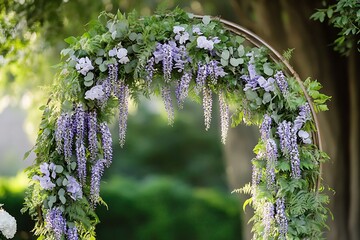 A traditional circular wedding arch adorned with cascading wisteria and lush foliage, creating a romantic setting for vows,