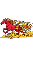 Mythical flaming horse running on traditional stylized chinese clouds