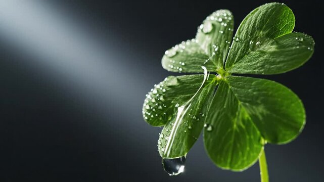 Delicate Four Leaf Clover Freshly Sprinkled With Water Showcasing Symbolism Of Fortune And Growth