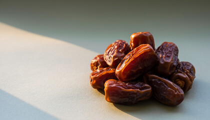 Close up shot of Ajwa dates with soft side lighting on a mossy grey surface