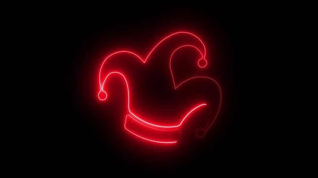 Abstract glowing neon Glowing Neon Jester joker Hat Icon Animation on Black Background. Neon Clown Hat with Bells . Casino gambling .4k motion video animation .