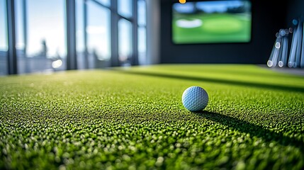 Golf ball on green indoor court.