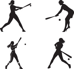 Dynamic Female Baseball and Softball Player Silhouettes in Various Batting Poses, Vector Illustration and Clip art